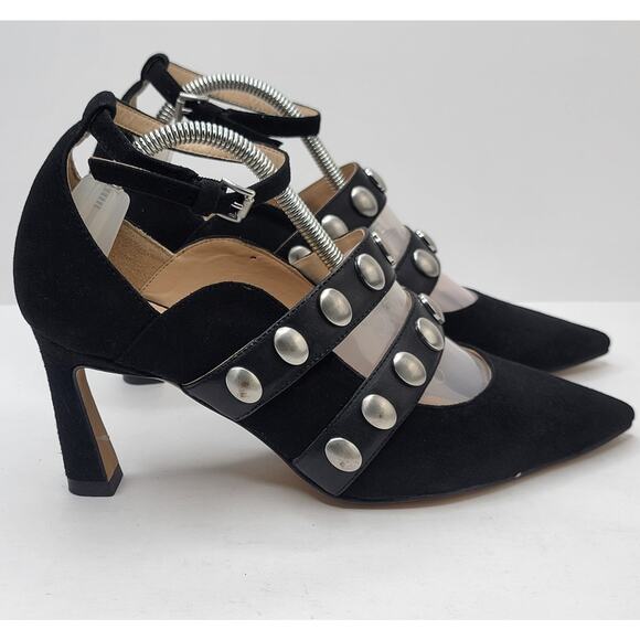 Vince Camuto 8.5M Krellen Black Suede Silver Studded 3" Heel Ankle Strap Dressy - Picture 3 of 12